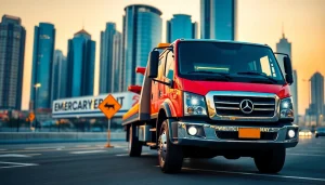 Actively providing car recovery services at https://trtrecoveryuae.com with a professional tow truck in Dubai's skyline.