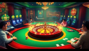RAJABARONG-themed casino scene showcasing thrilling roulette and poker games.