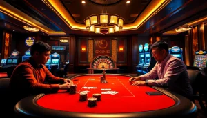 Players at nhà cái vuabai9 engaging in high-stakes poker at a luxurious casino table.