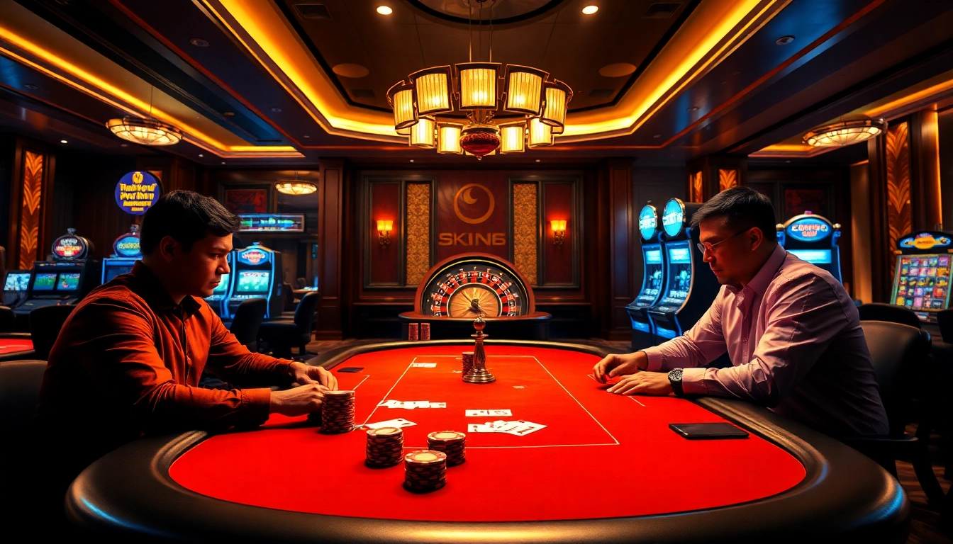 Players at nhà cái vuabai9 engaging in high-stakes poker at a luxurious casino table.