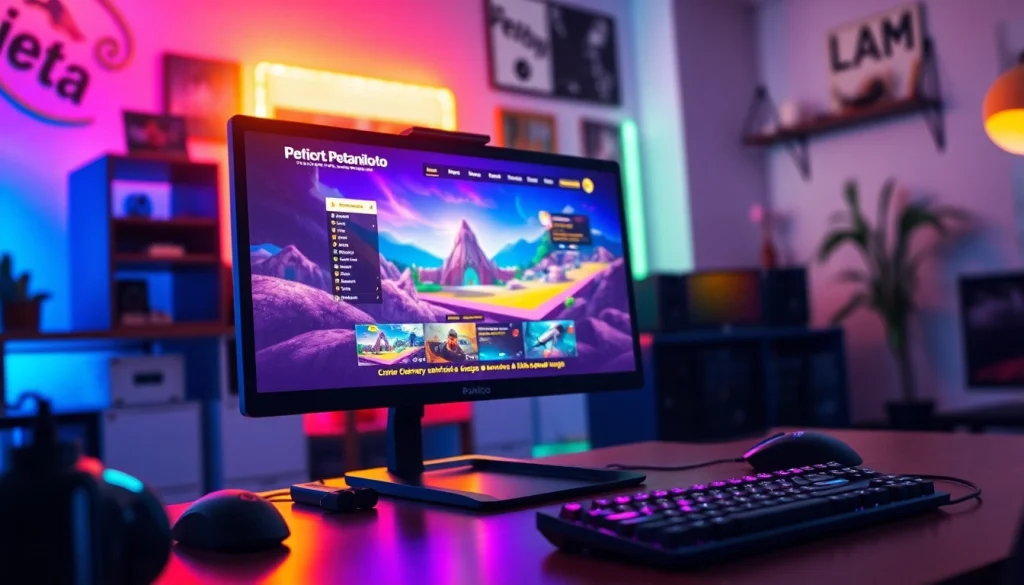 Akses petanitoto melalui pengaturan gaming modern dengan monitor cerah dan aksesori permainan.