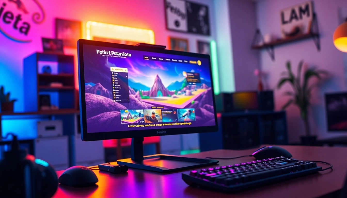 Akses petanitoto melalui pengaturan gaming modern dengan monitor cerah dan aksesori permainan.