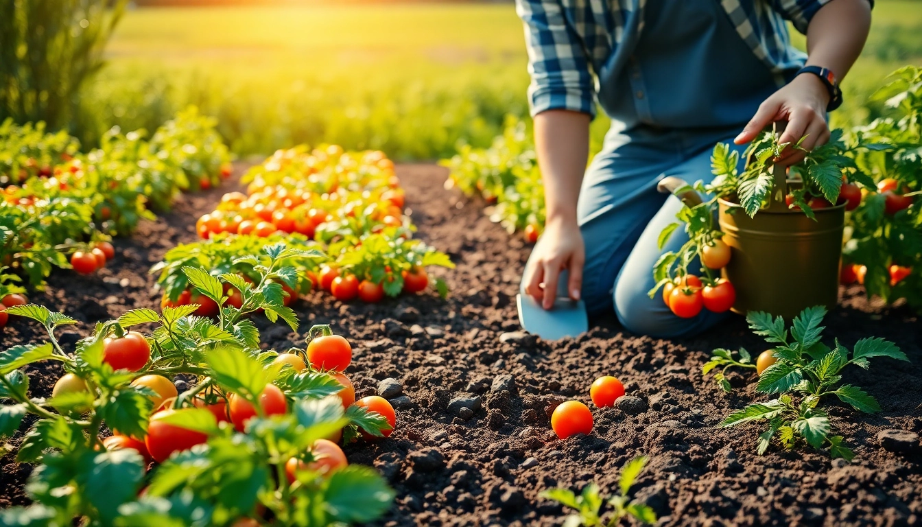 Gardening tips illustrated in a vibrant vegetable garden scene with a gardener tending plants.