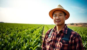 Petani toto menampilkan ekspresi penuh harapan di ladang hijau yang subur.