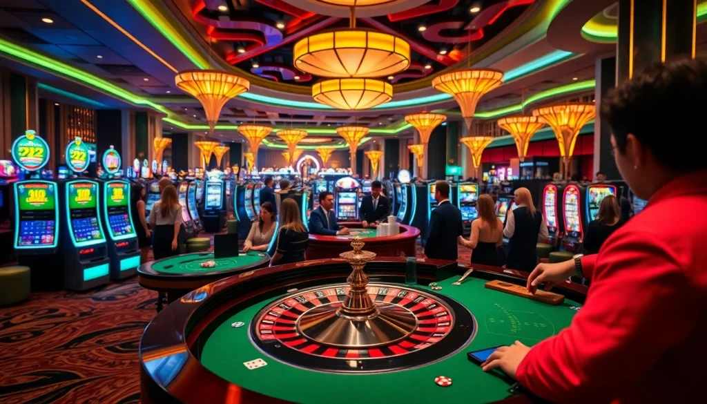 Players enjoying the lively atmosphere of nohu90, featuring vibrant slot machines and poker tables.