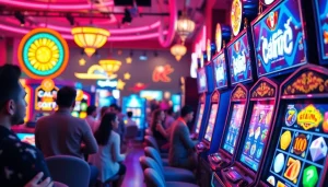 Permainan menarik di platform petani toto dengan mesin slot berwarna-warni dan gamers antusias.