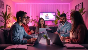 Engaging scene of people using sex ai chatbots in a cozy virtual environment.