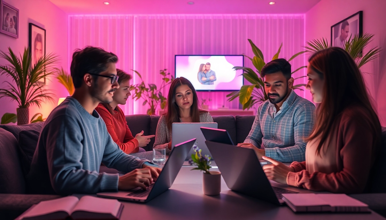 Engaging scene of people using sex ai chatbots in a cozy virtual environment.