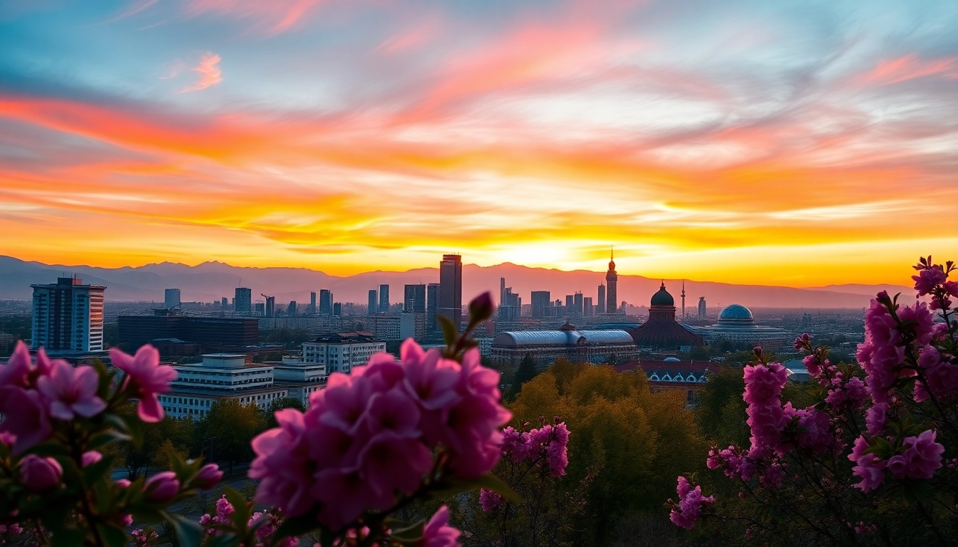 Experience the vibrant beauty of Almaty at sunset with https://albmaftoh.com showcasing its skyline and mountains.
