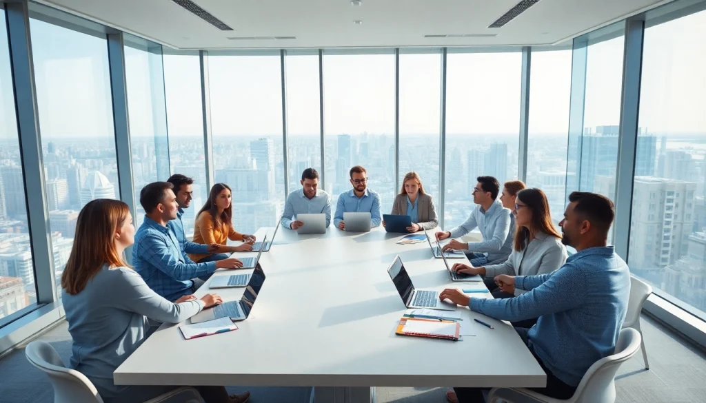 Business team brainstorming innovative ideas in a modern office setting.