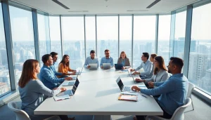 Business team brainstorming innovative ideas in a modern office setting.