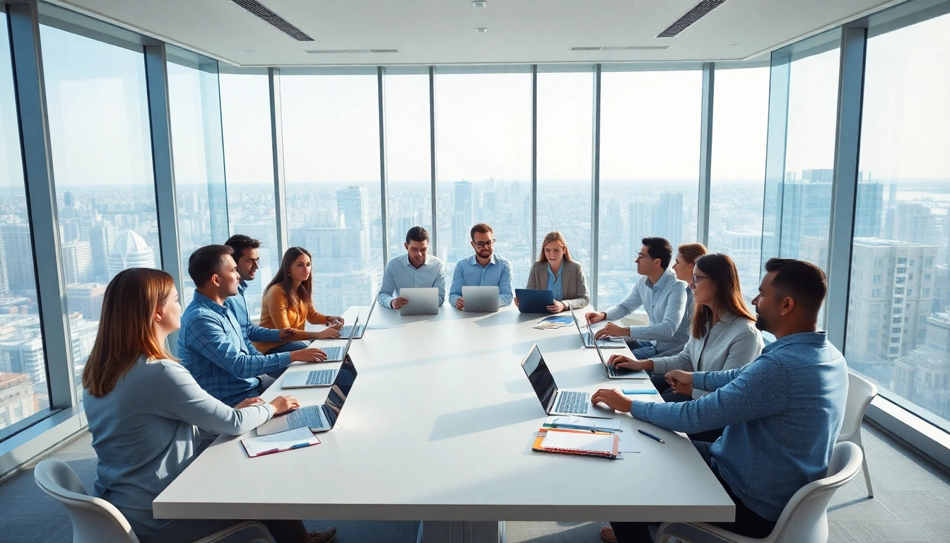 Business team brainstorming innovative ideas in a modern office setting.