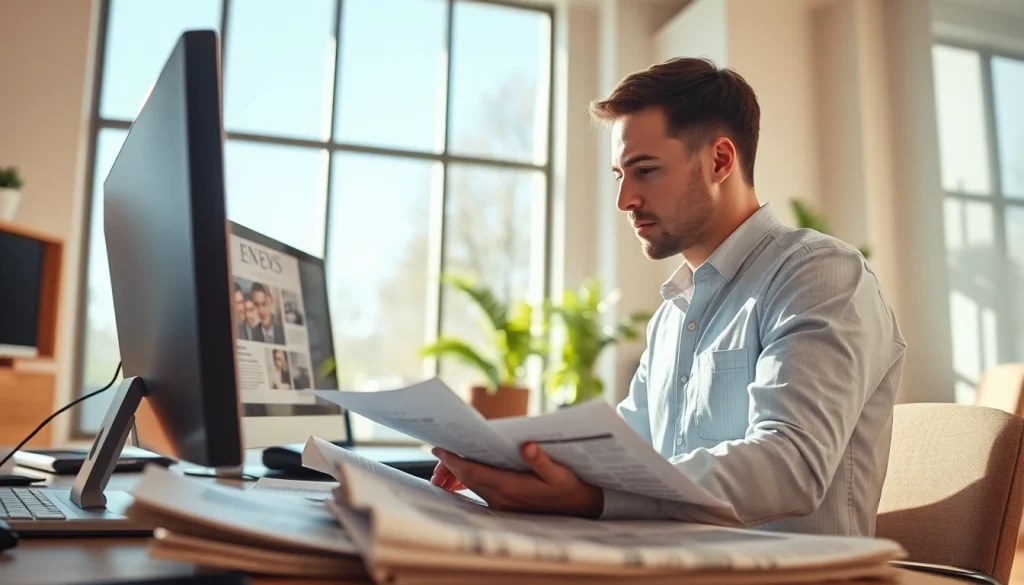 Engaged journalist analyzing news at https://news-parade.com.ua in a bright, modern office.