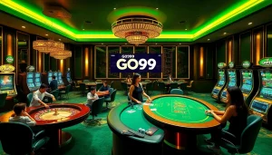 Players engaging at a GO99 online casino with vibrant tables, dynamic slot machines, and professional dealers.
