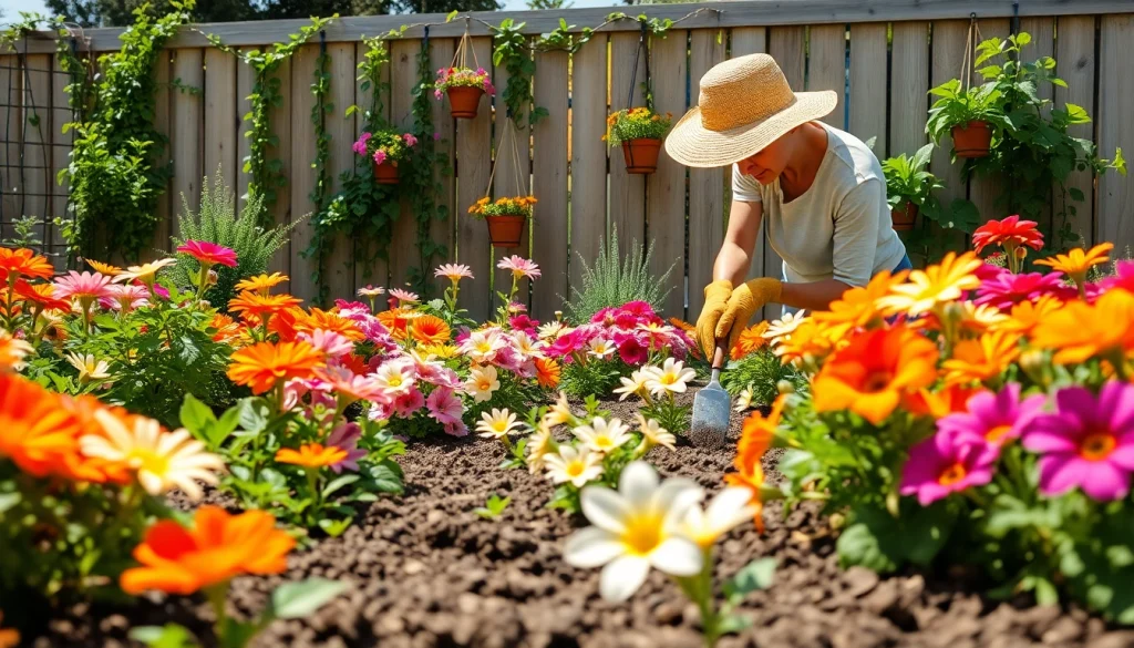 Gardening enthusiast tending to colorful plants in a vibrant backyard garden.