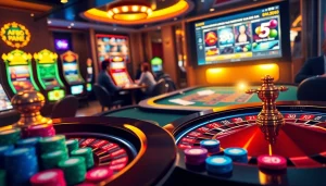 A vibrant gambling scene showcasing online gaming action at https://af88.co/ with poker chips and roulette wheel.