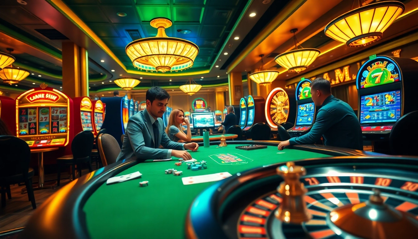 A thrilling scene of a casino showcasing game 79king with players placing bets at poker and roulette tables.