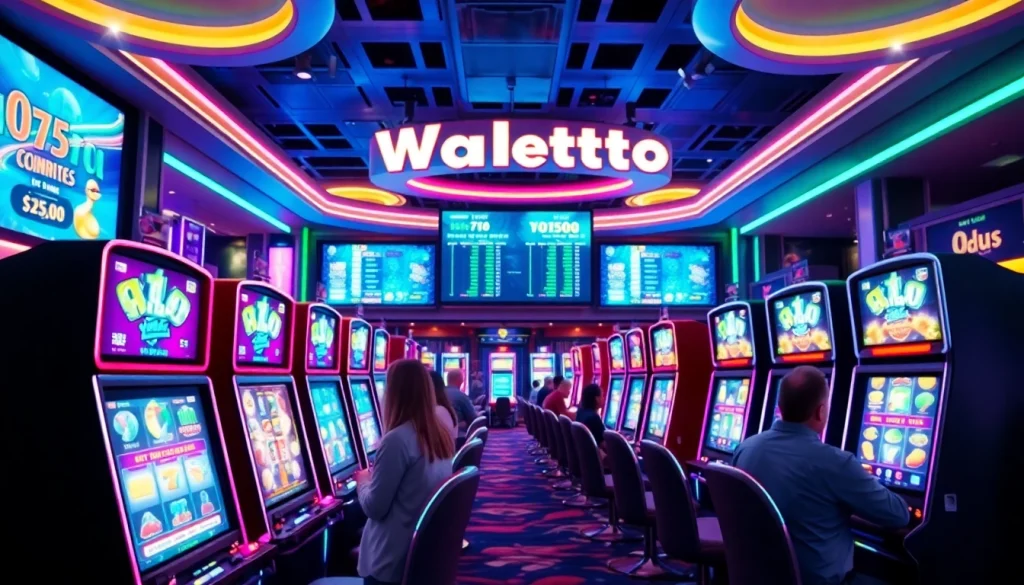 Menampilkan suasana permainan slot walettoto dengan mesin berkilau dan pemain yang antusias.