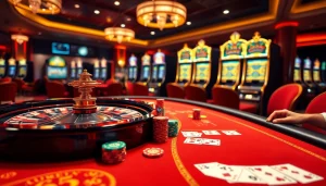 Players enjoying a high-stakes game at PG 66 casino table, surrounded by vibrant roulette wheels and poker chips.