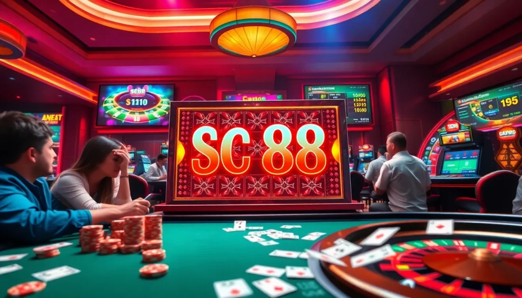 Engaged players enjoying the thrilling SC88 Slot experience in a luxurious casino setting