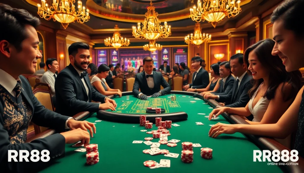 Experience thrilling poker gameplay at RR88 with a live dealer table and luxury chips, showcasing exciting casino action.