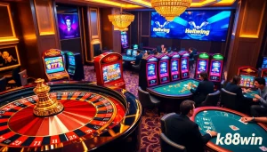 Excited players at K88win casino enjoying vibrant slot machines and roulette tables.
