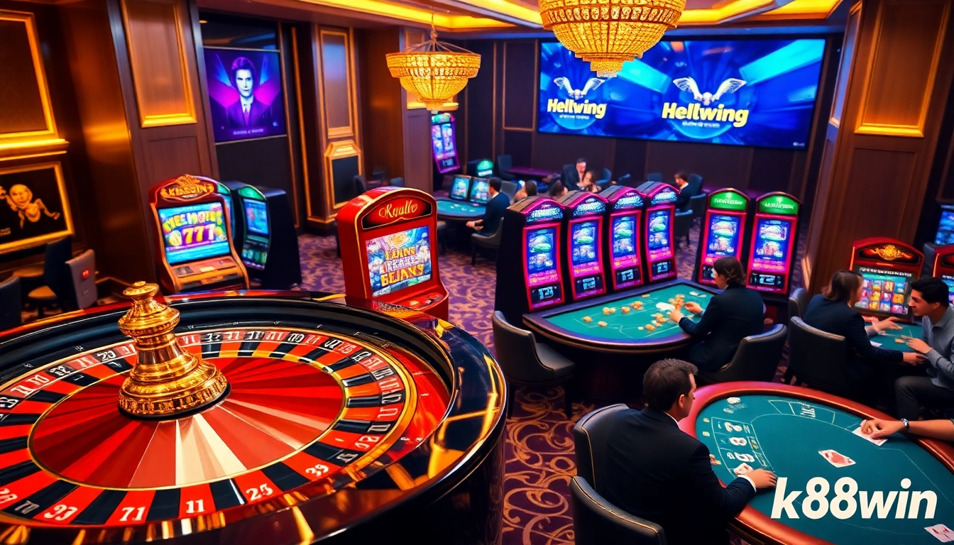 Excited players at K88win casino enjoying vibrant slot machines and roulette tables.