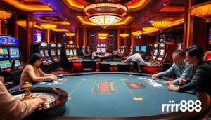 Excited players enjoy a thrilling game at rr88's luxurious casino tables, filled with vibrant chips and cards.