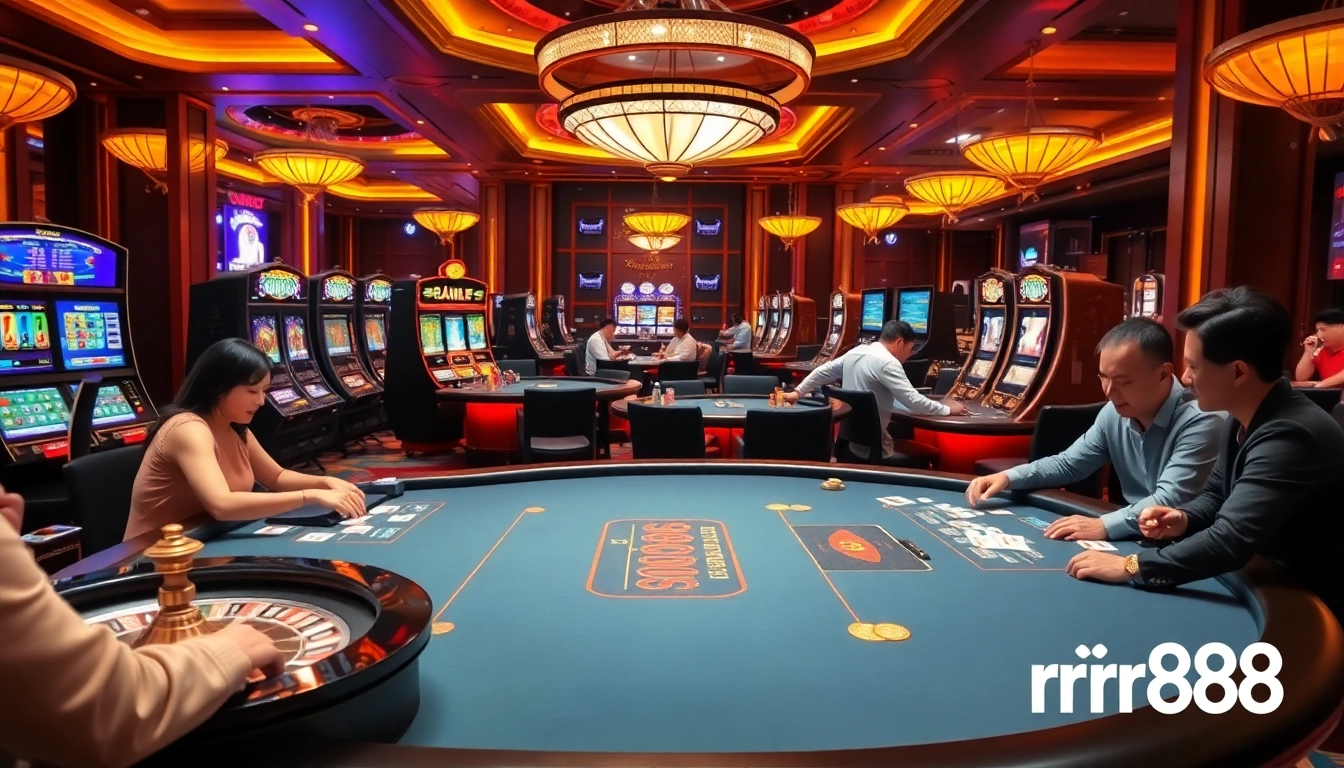 Excited players enjoy a thrilling game at rr88's luxurious casino tables, filled with vibrant chips and cards.