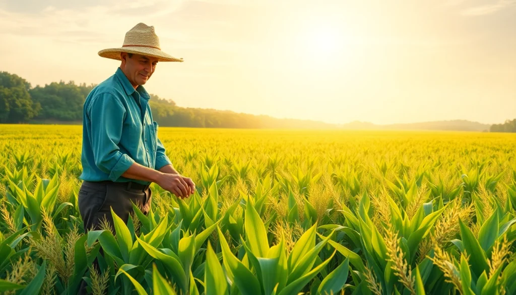 Petani toto sedang merawat tanaman di ladang yang subur dan cerah.