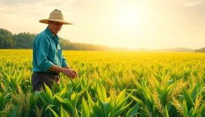 Petani toto sedang merawat tanaman di ladang yang subur dan cerah.