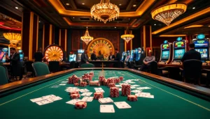 Experience thrilling games at New66 in a luxurious casino setting with poker tables and roulette.