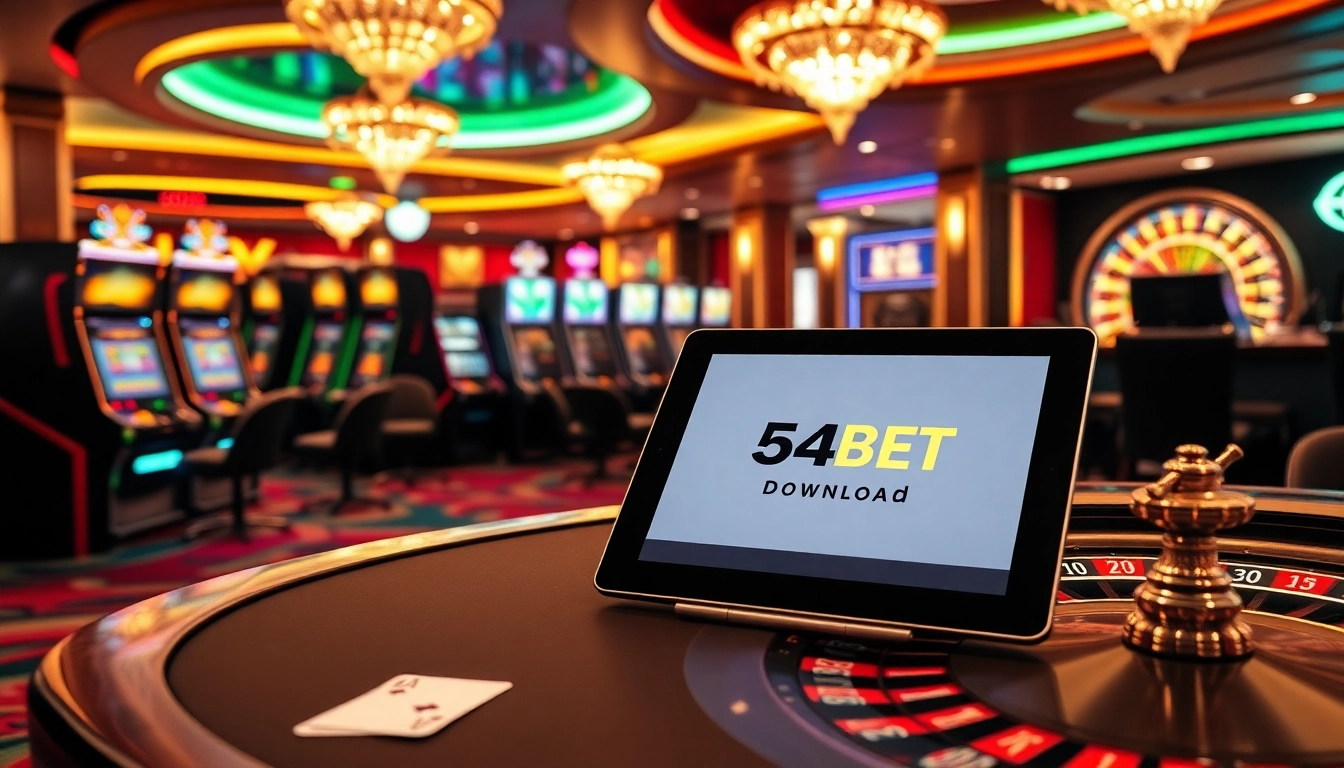 Experience the excitement of 54BET Download with vibrant casino visuals showcasing gaming tables, slots, and betting.