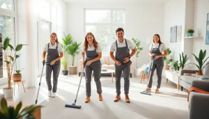 Cleaning service team efficiently organizing and cleaning a bright home.