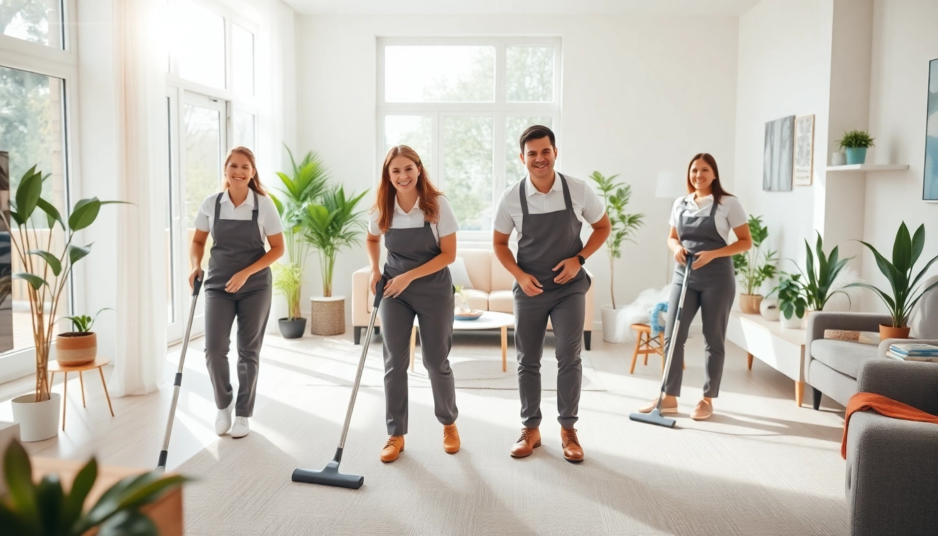Cleaning service team efficiently organizing and cleaning a bright home.