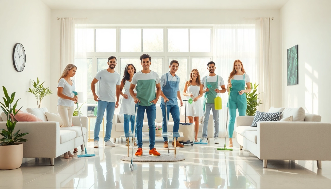 Cleaning service team efficiently cleaning a modern living room with eco-friendly products.