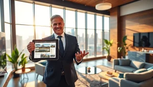 Real Estate agent presenting properties in a modern office, bright atmosphere and city view.