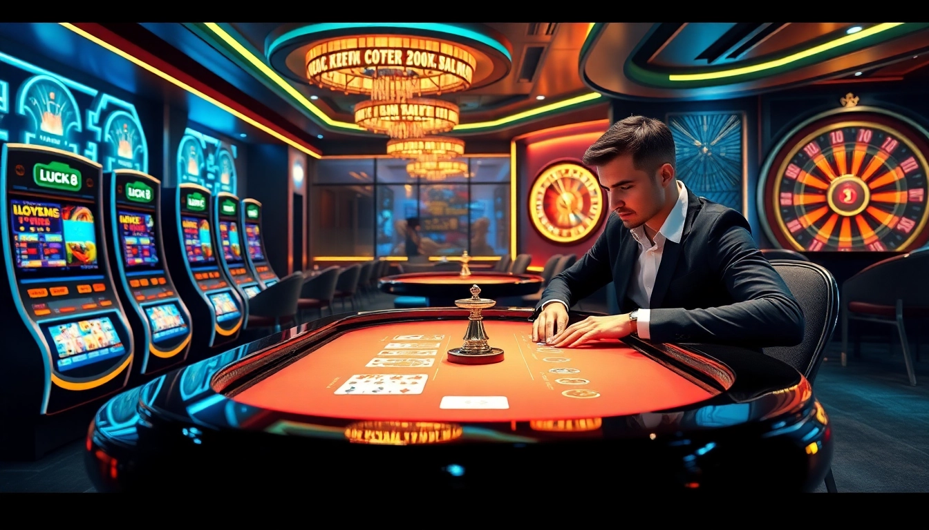 Engaging online casino gameplay at https://luck8.name/, featuring vibrant slot machines and a poker table.