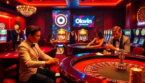 Experience thrilling gameplay at Okwin Casino with luxurious tables and vibrant gaming ambiance.