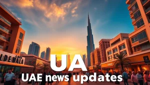 Dubai skyline at sunset representing UAE news updates, showcasing iconic landmarks and lively urban life.