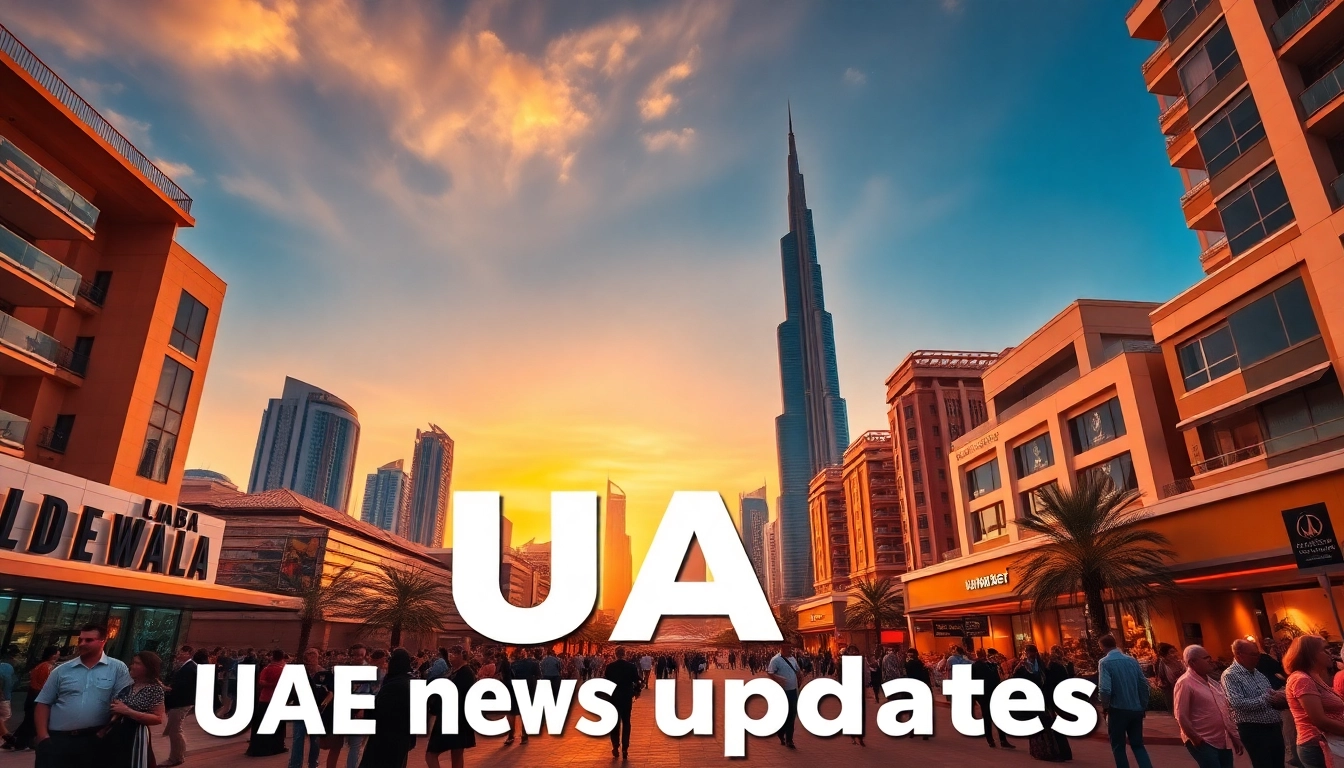 Dubai skyline at sunset representing UAE news updates, showcasing iconic landmarks and lively urban life.