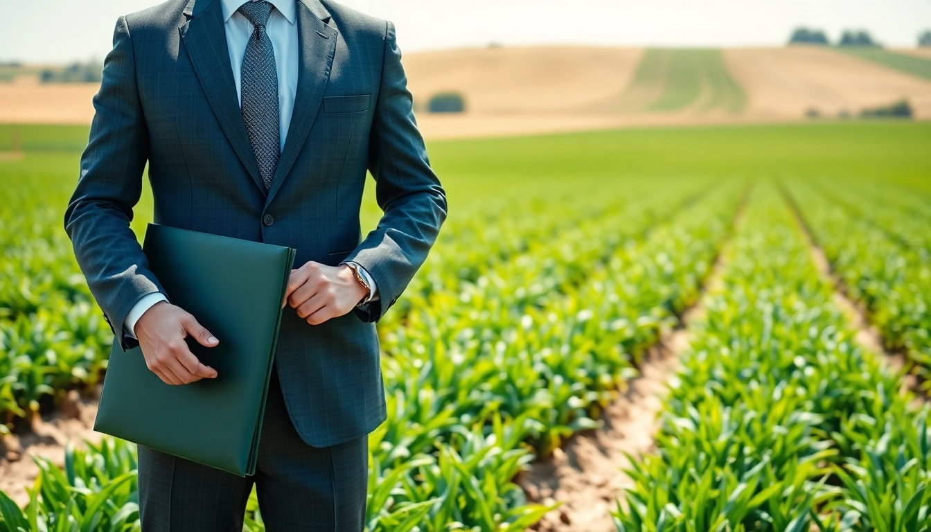 Advocate for agricultural law standing in a vibrant field representing legal expertise.