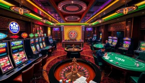 Engage with the thrilling ambiance of VN88 casino showcasing vibrant slot machines and poker tables.