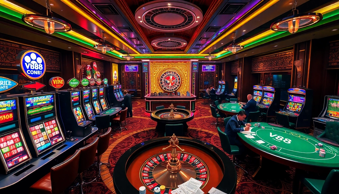 Engage with the thrilling ambiance of VN88 casino showcasing vibrant slot machines and poker tables.