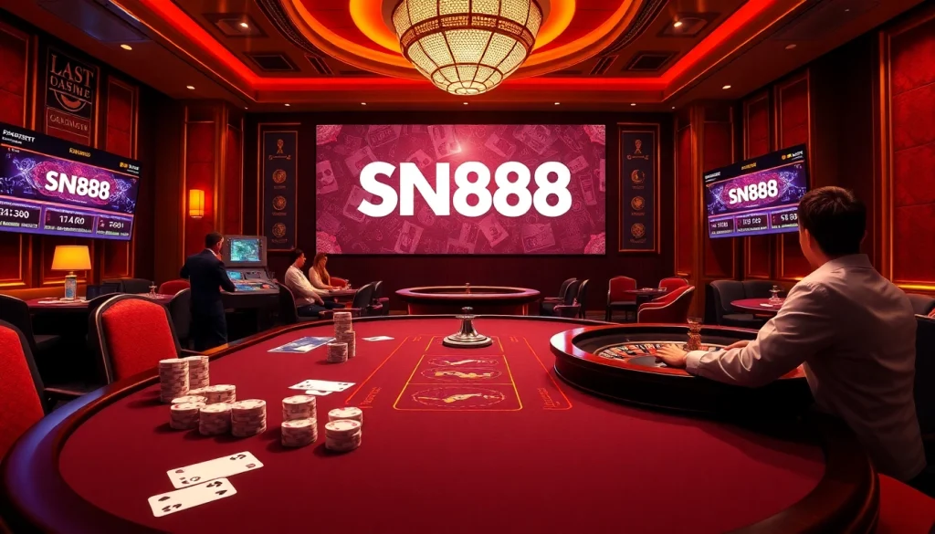 Experience the excitement of SN888 with poker chips and a roulette table in a luxurious casino setting.