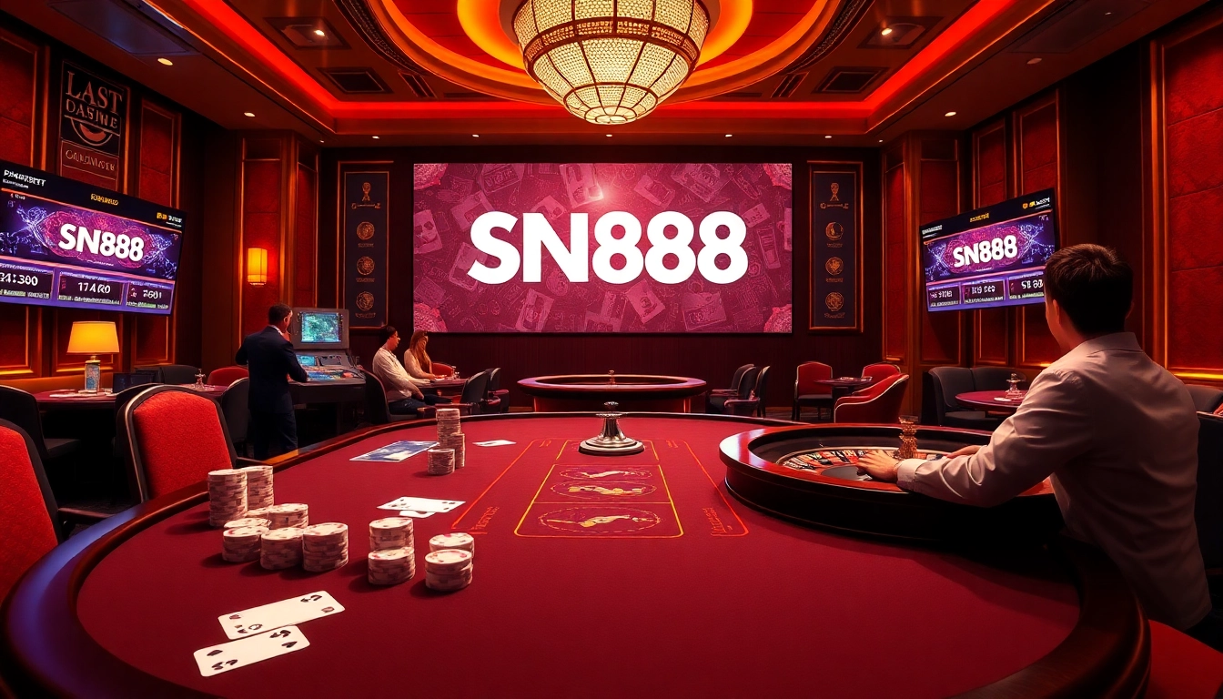 Experience the excitement of SN888 with poker chips and a roulette table in a luxurious casino setting.