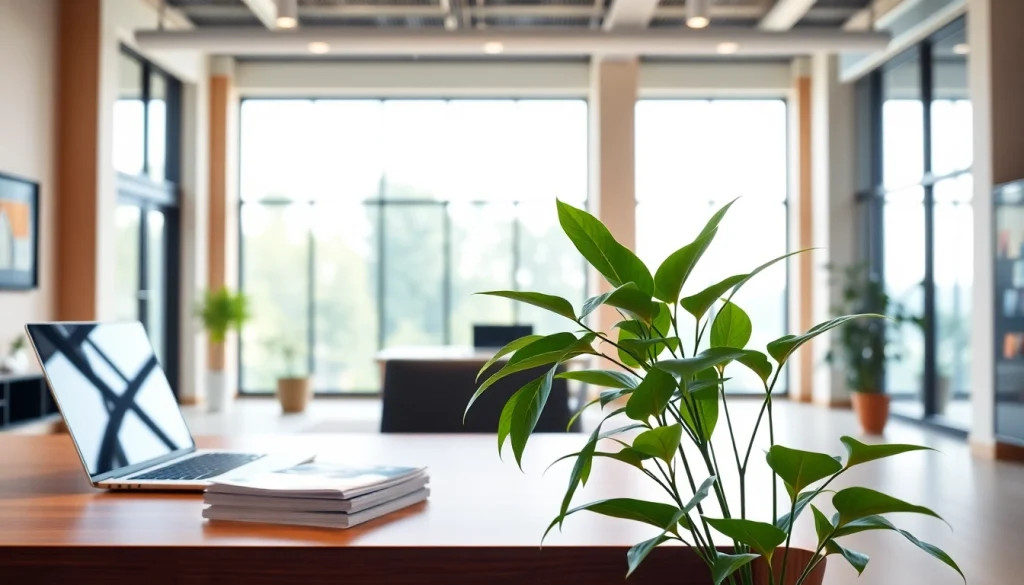 Engaging atmosphere in a real estate office showcasing modern design and vibrant decor.