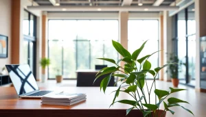 Engaging atmosphere in a real estate office showcasing modern design and vibrant decor.