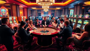 Enthusiastic gamblers celebrating wins at a vibrant roulette table at https://topclub.space/, showcasing luxury and excitement.