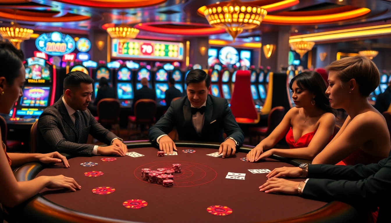 Engaged players enjoy poker at 789p’s luxurious casino table, illuminated in warm lighting.